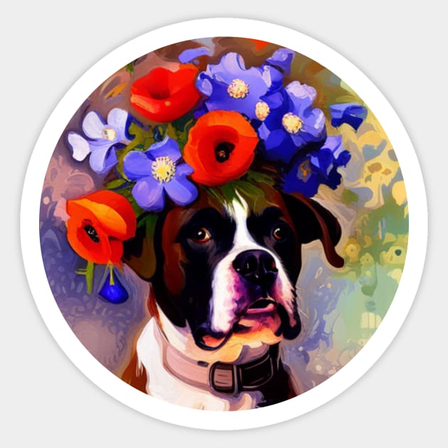 Boxer with a Crown of Poppies and Clematis Sticker by DestructoKitty